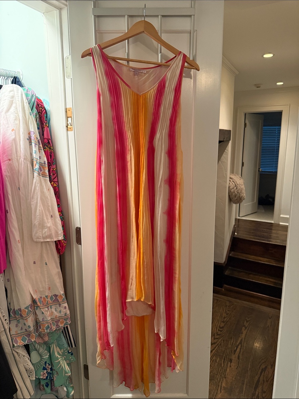 NWOT Calypso Flowy Striped Maxi Dress in Pink, Yellow & Cream. Size L.